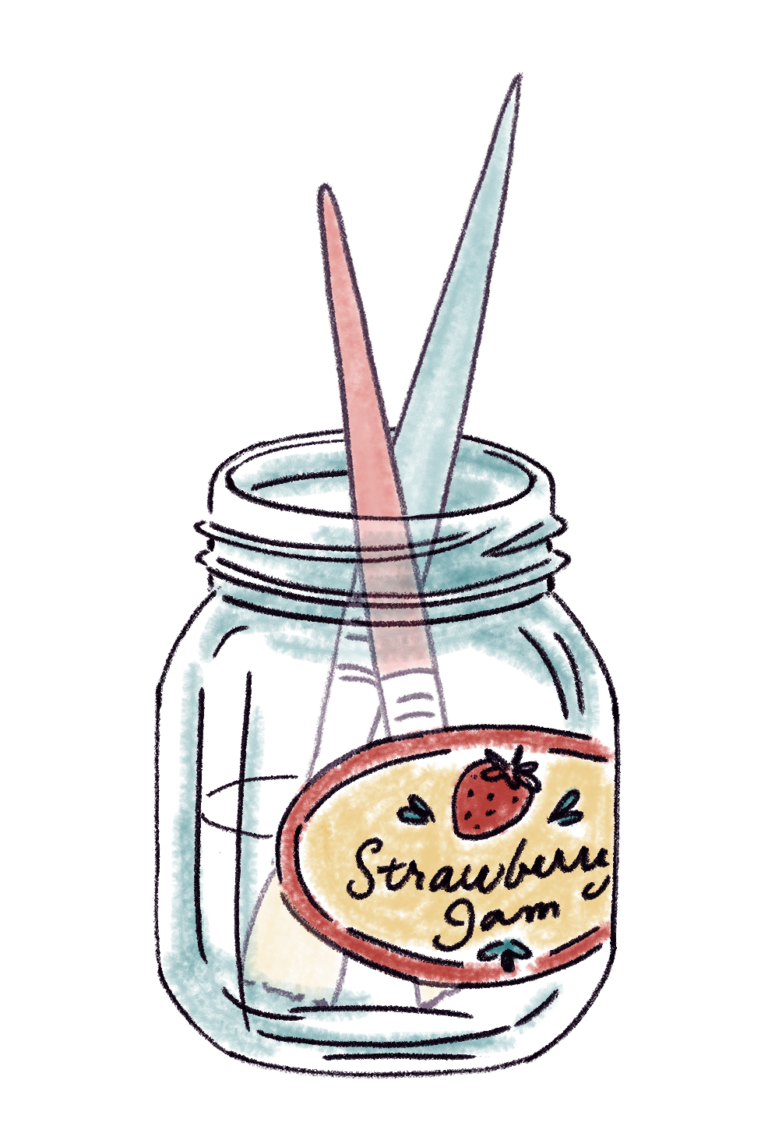 Hand-drawn illustration of a paint jar with brushes