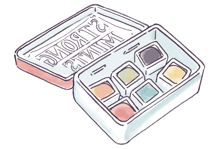 Hand-drawn illustration of a mint tin watercolor palette
